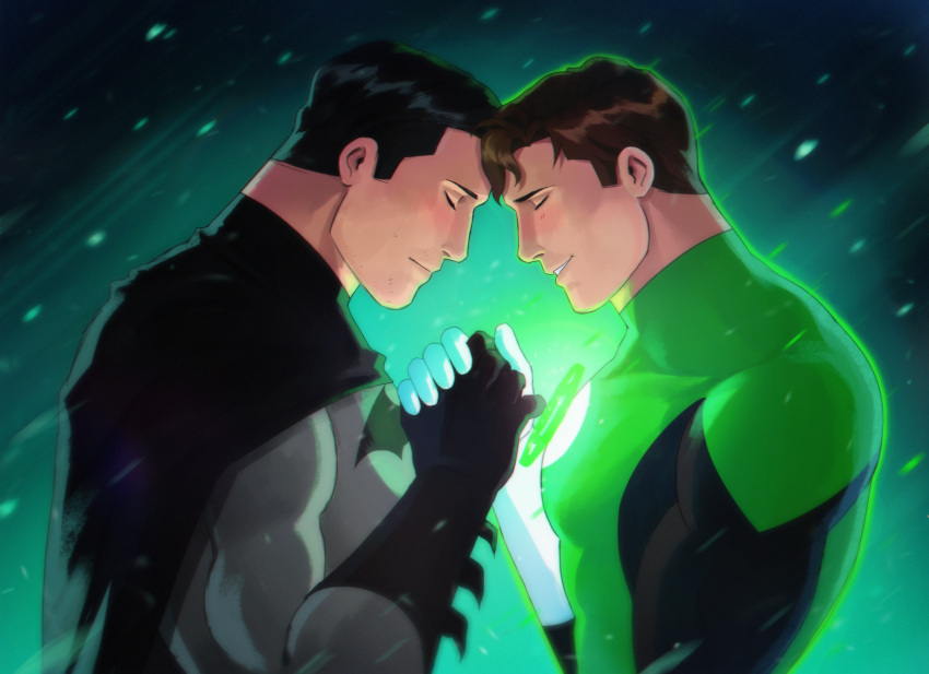 2boys bara batman batman_(series) black_bodysuit black_cape black_gloves black_hair blush bodysuit brown_hair bruce_wayne cape closed_eyes closed_mouth couple dc_comics gloves green_bodysuit green_lantern green_lantern_(series) grey_bodysuit hal_jordan haljordanmylove highres holding_hands large_pectorals light_blush male_focus multiple_boys muscular muscular_male pectorals short_hair smile superhero two-tone_bodysuit upper_body white_gloves yaoi