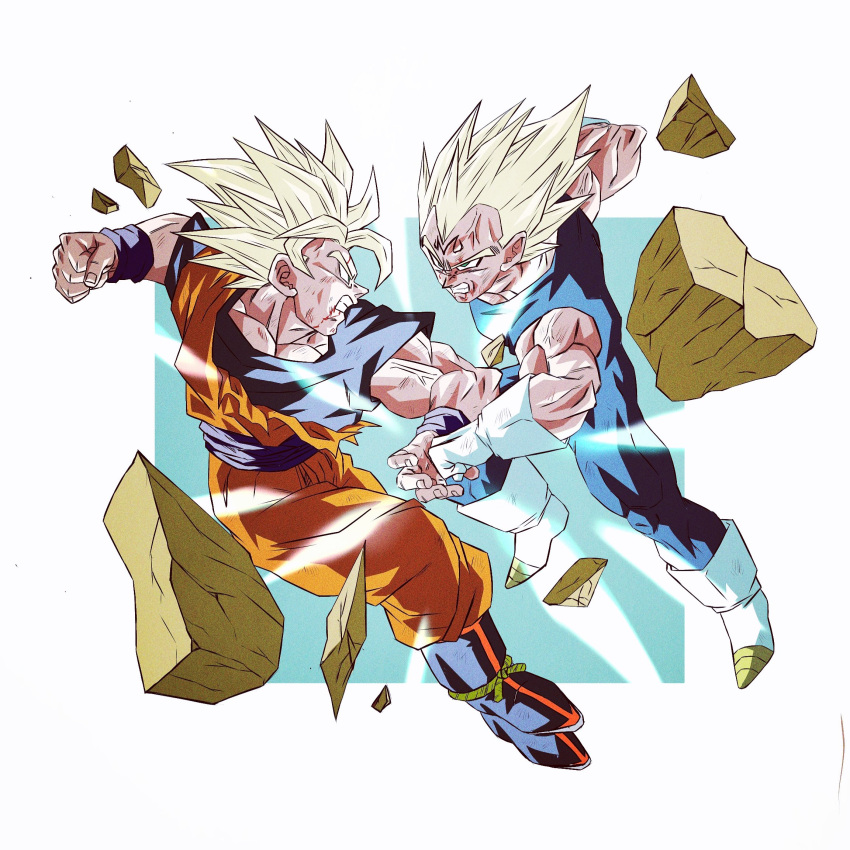 2boys blocking blonde_hair blood blood_from_mouth blue_jumpsuit blue_sash blue_shirt blue_wristband boots border clenched_hand clenched_teeth collarbone debris dougi dragon_ball dragon_ball_z duel facial_mark full_body gloves green_eyes highres jumpsuit majin_vegeta male_focus multiple_boys muscular muscular_male oharu2000 orange_pants pants punching sash shirt simple_background sleeveless son_goku spiked_hair super_saiyan super_saiyan_2 teeth toriyama_akira_(style) torn_clothes vegeta veins white_border white_footwear white_gloves widow's_peak wristband