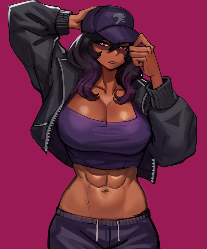 1girl abs absurdres adjusting_clothes adjusting_headwear baseball_cap breasts cleavage dark_skin ezzydraws frown hat highres jacket large_breasts long_hair looking_at_viewer open_clothes open_jacket original pants pink_background pink_eyes purple_hair solo tank_top toned track_jacket track_pants