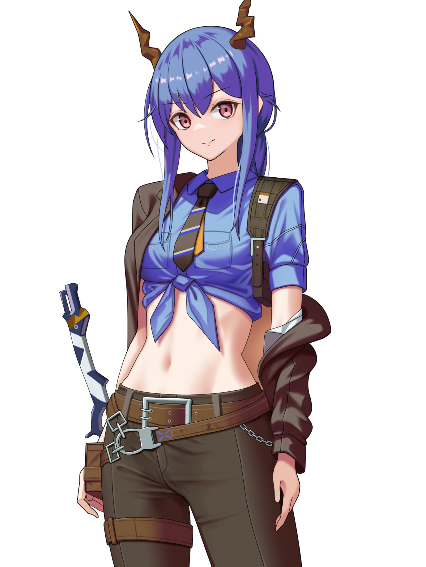 1girl absurdres arknights belt black_jacket black_necktie black_pants blue_hair blue_shirt brown_belt ch'en_(after_storm)_(arknights) ch'en_(arknights) chain commentary_request cowboy_shot dragon_horns highres horns ikutachi jacket long_hair looking_at_viewer midriff navel necktie off_shoulder official_alternate_costume pants pink_eyes shirt simple_background smile solo standing stomach thigh_strap thighs tied_shirt white_background