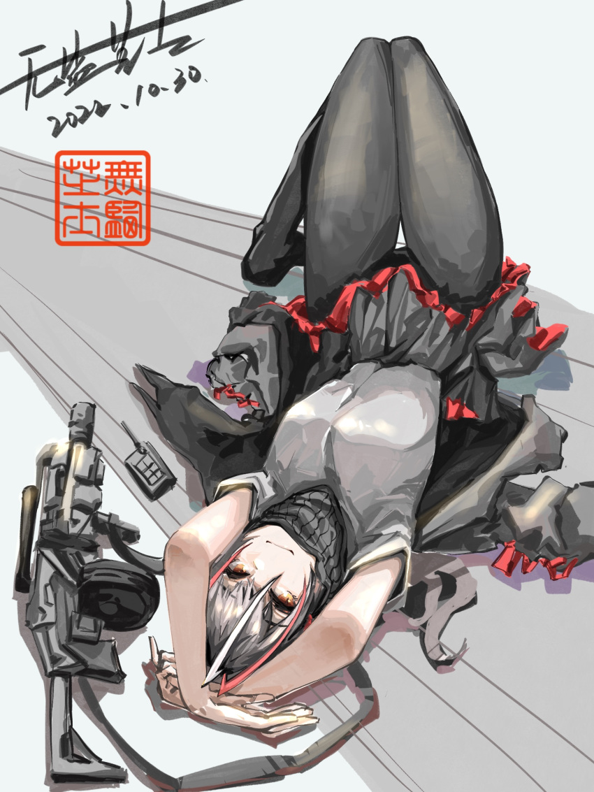 1girl ahoge arknights assault_rifle black_pantyhose black_skirt breasts crossed_arms dated demon_horns detonator drum_magazine frilled_skirt frills full_body grey_hair grey_shirt gun highres horns jacket knees_together_feet_apart knees_up light_smile looking_at_viewer lying magazine_(weapon) medium_breasts on_back orange_eyes pantyhose pleated_skirt rifle scarf scope shirt short_hair short_sleeves simple_background skirt solo thighs unworn_jacket w_(arknights) weapon wuyancheese