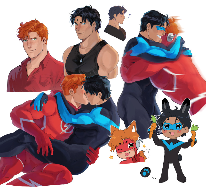 2boys absurdres bara black_bodysuit black_hair blue_bodysuit blue_eyes blush bodysuit carrot chibi closed_eyes closed_mouth collared_shirt couple dc_comics dick_grayson domino_mask food green_eyes haljordanmylove highres holding holding_carrot holding_food hug jewelry kid_flash kiss large_pectorals male_focus mask multiple_boys muscular muscular_male necklace nightwing one_eye_closed open_mouth orange_hair pectorals red_bodysuit red_shirt shirt short_hair simple_background smile tank_top two-tone_bodysuit wally_west white_background white_bodysuit yaoi young_justice