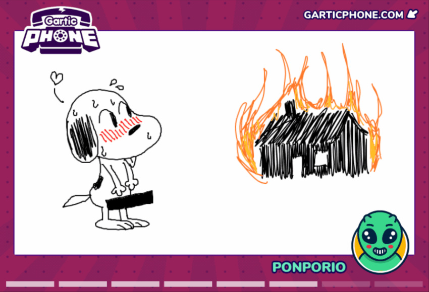 anthro aroused blush blush_lines bodily_fluids building burning_building censored erection fire gartic_phone hi_res house male peanuts_(comic) ponporio_(artist) snoopy solo sweat sweatdrop tongue tongue_out