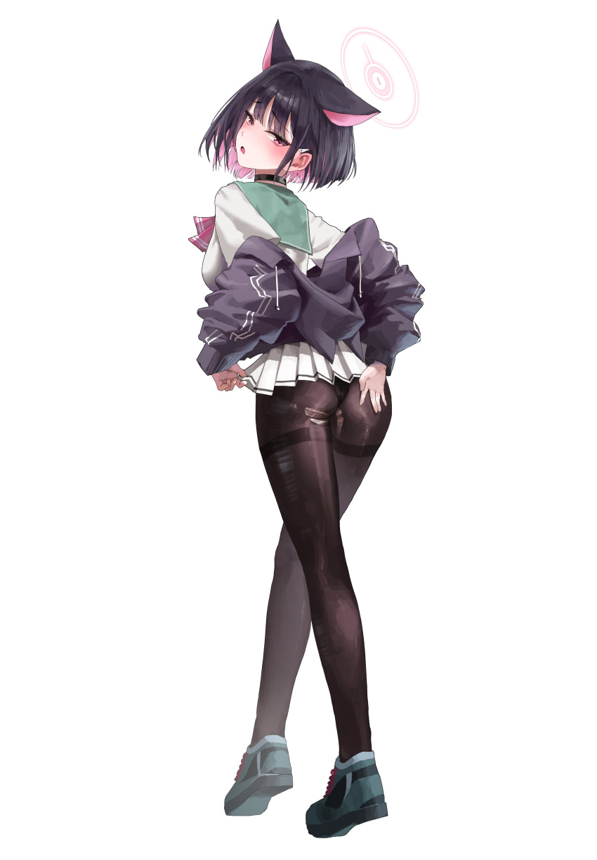 1girl absurdres animal_ears black_choker black_hair black_jacket black_pantyhose blue_archive blush cat_ears choker colored_inner_hair full_body green_footwear halo highres hood hood_down hooded_jacket jacket kazusa_(blue_archive) long_sleeves multicolored_hair open_mouth pantyhose pink_hair pink_halo pleated_skirt red_eyes shoes short_hair simple_background skirt solo torn_clothes torn_pantyhose white_background white_skirt yohwa