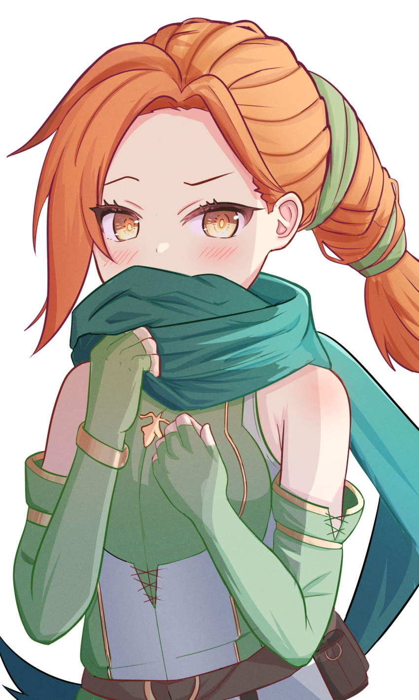 1girl bare_shoulders blue_scarf blush cath_(fire_emblem) covering_own_mouth dress elbow_gloves fingerless_gloves fire_emblem fire_emblem:_the_binding_blade gloves green_dress green_gloves highres long_hair looking_at_viewer melenas_(twdy2773) orange_eyes orange_hair scarf solo upper_body