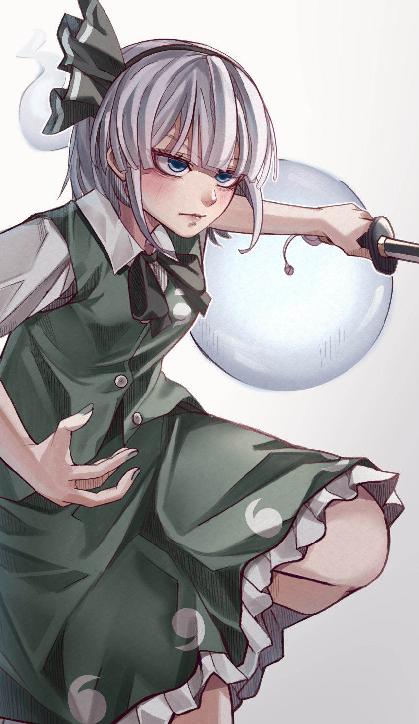 1girl absurdres black_hairband black_ribbon blue_eyes blunt_bangs blush closed_mouth collared_shirt commentary_request eyelashes fighting_stance frilled_skirt frills from_side green_nails green_skirt grey_hair hair_ribbon hairband hands_up highres holding holding_sword holding_weapon katana konpaku_youmu konpaku_youmu_(ghost) lips looking_afar maboroshi_mochi magatama_print nail_polish neck_ribbon print_skirt ribbon serious shirt short_hair short_sleeves sidelocks simple_background skirt solo sword touhou tsurime upturned_eyes v-shaped_eyebrows weapon white_background white_shirt