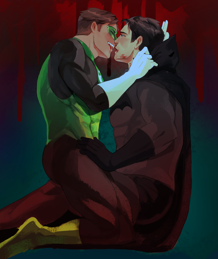2boys absurdres bara batman batman_(series) black_bodysuit black_gloves black_hair blood blood_from_mouth blood_on_face blush bodysuit boots brown_hair bruce_wayne closed_eyes couple dc_comics domino_mask fangs fangs_out gloves green_bodysuit green_lantern green_lantern_(series) grey_bodysuit hal_jordan haljordanmylove highres large_pectorals looking_at_another male_focus mask multiple_boys muscular muscular_male pectorals short_hair sitting sitting_on_person two-tone_bodysuit vampire white_gloves yaoi