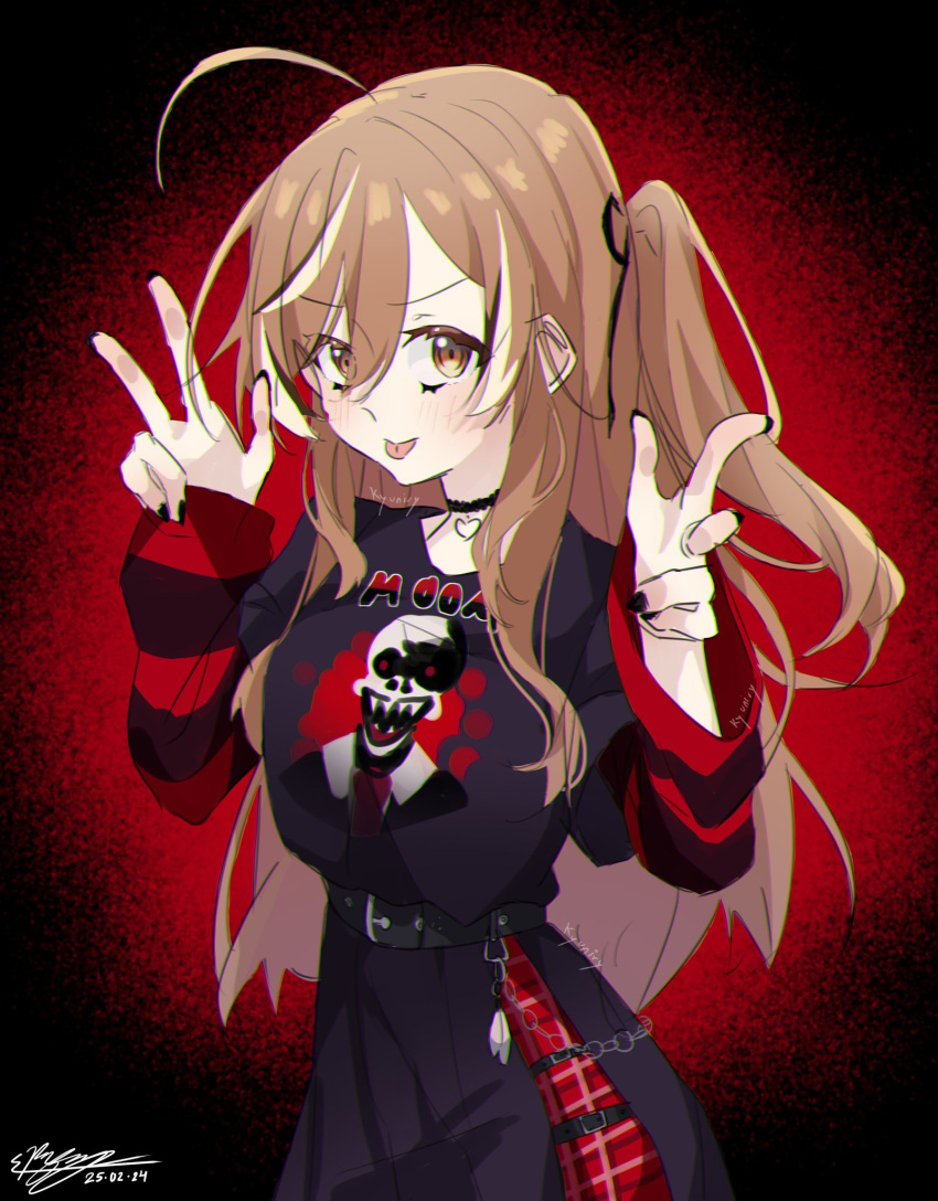 1girl :p ahoge black_background black_choker black_nails black_shirt black_skirt blush brown_eyes brown_hair choker closed_mouth cowboy_shot dated double_w hair_between_eyes hands_up highres hololive kyuni_ry long_hair long_sleeves looking_at_viewer multicolored_hair nail_polish nanashi_mumei nanashi_mumei_(4th_costume) one_side_up pleated_skirt print_shirt red_shirt shirt sidelocks signature simple_background skirt smile solo spotlight streaked_hair striped_clothes striped_shirt tongue tongue_out twitter_username two-tone_shirt v-shaped_eyebrows virtual_youtuber w white_hair