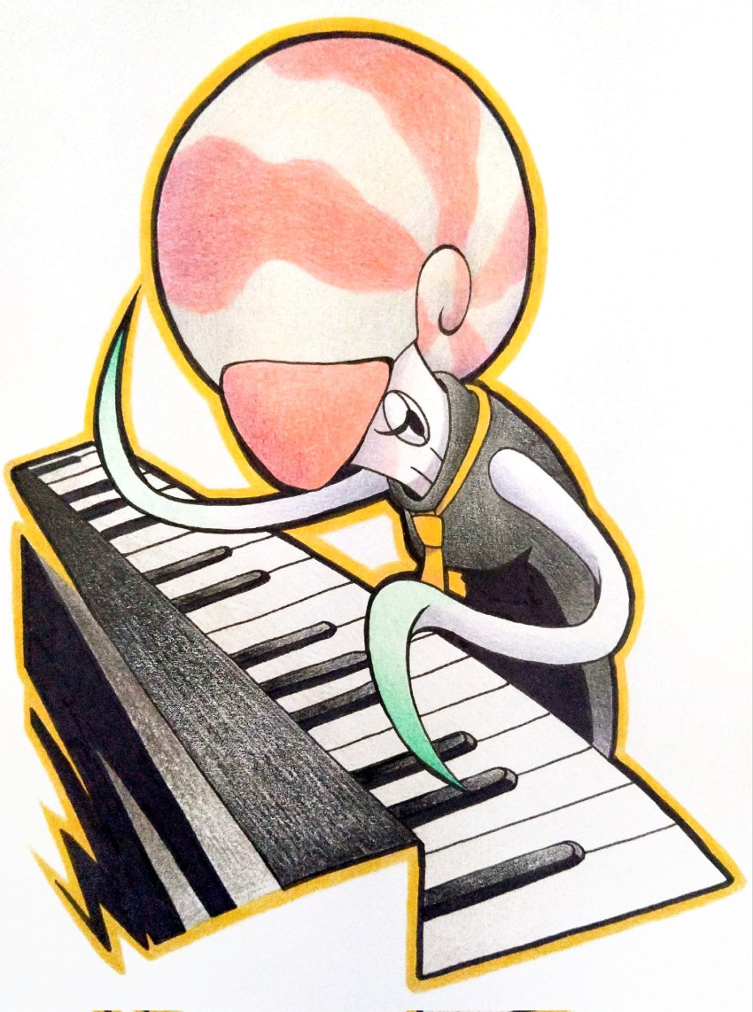 1girl black_dress co_ma_tsu_na dress highres instrument karen_(splatoon) keyboard_(instrument) music nautilus_(animal) necktie outline playing_instrument simple_background solo splatoon_(series) splatoon_2 upper_body white_background yellow_necktie yellow_outline