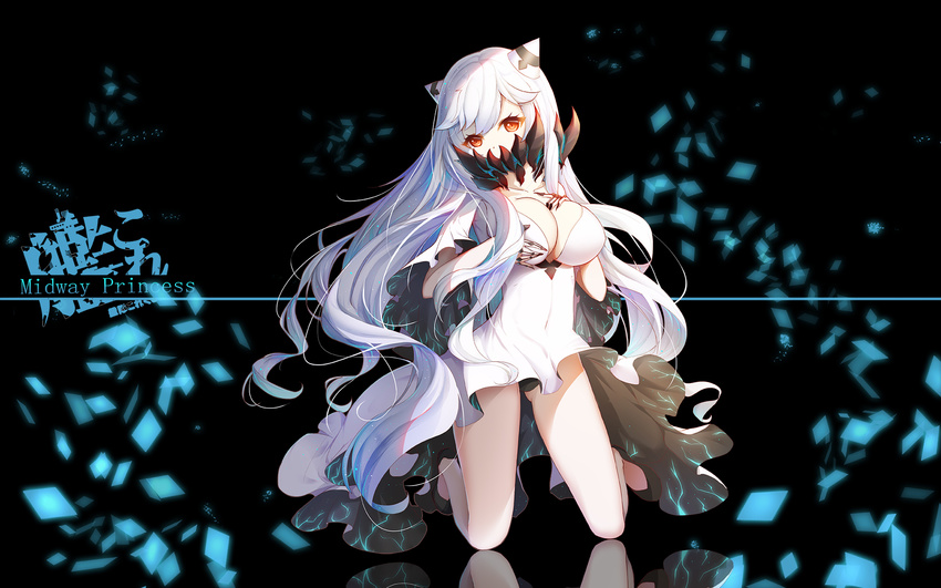 asa_ni_haru breasts character_name claws cleavage covered_navel dress highres horns kantai_collection kneeling large_breasts midway_hime orange_eyes solo white_dress white_hair white_skin