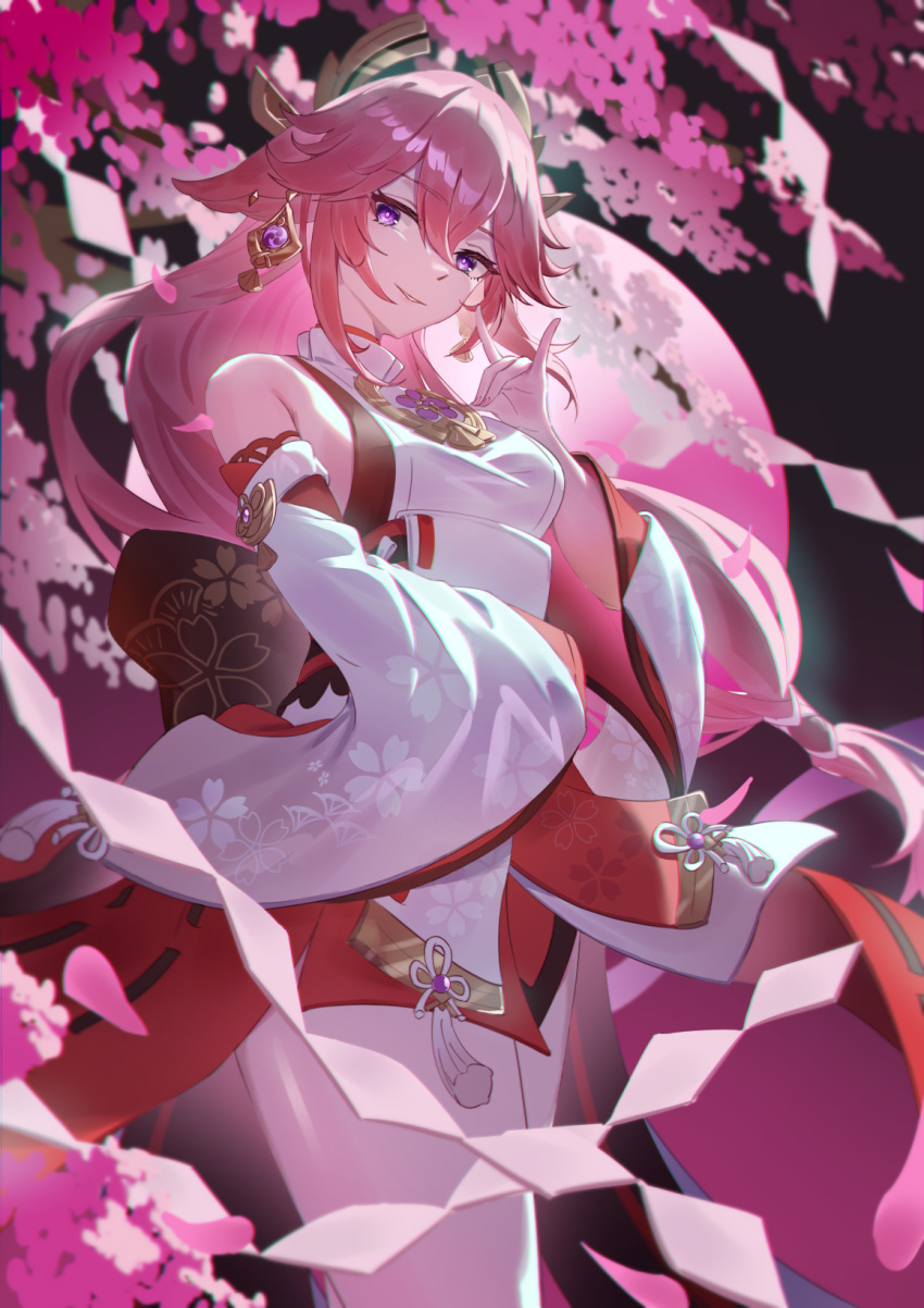 animal_ears bare_legs cherry_blossoms cowboy_shot detached_sleeves earrings fox_ears fox_shadow_puppet genshin_impact hair_ornament highres jewelry long_hair naeeeegi nontraditional_miko pink_hair purple_eyes standing yae_miko