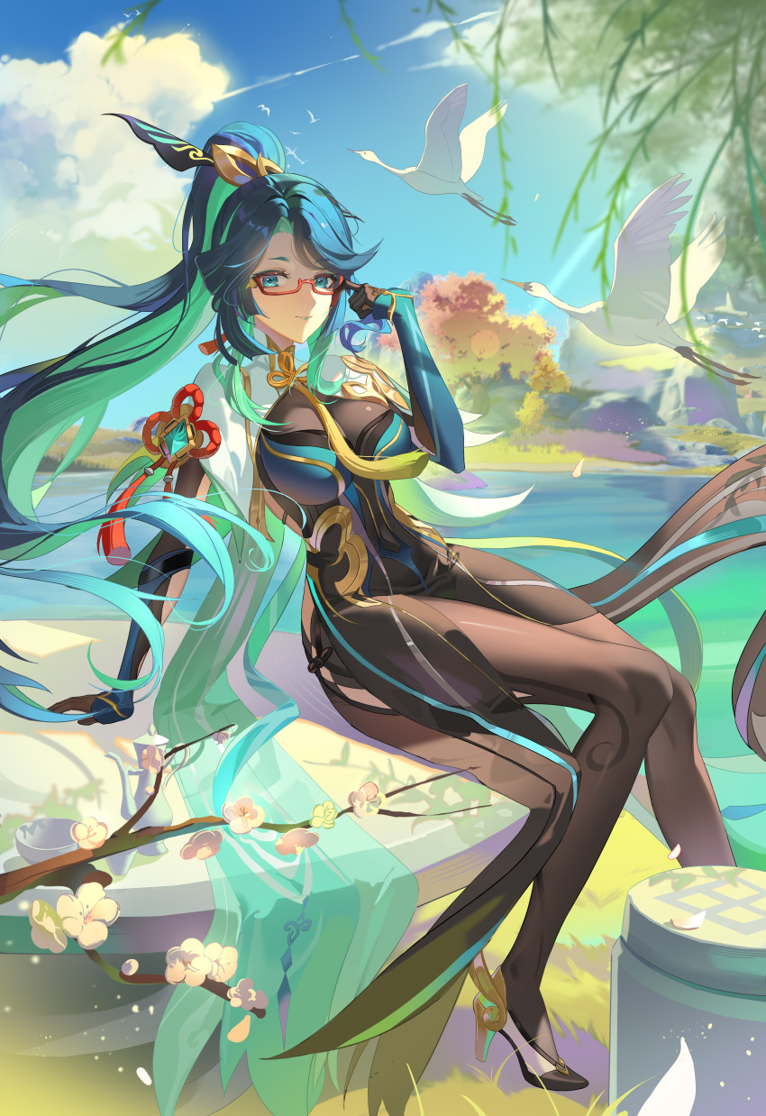 1girl absurdres adjusting_hair aqua_eyes aqua_hair aqua_lips bird black_hair blue_sky bodystocking branch breasts cherry_blossoms chinese_hairpin cloud colored_inner_hair crane_(animal) earrings genshin_impact high_heels highres jewelry large_breasts lingdu_han long_hair looking_at_viewer multicolored_hair on_table outdoors pond red-framed_eyewear semi-rimless_eyewear sitting sky smile solo table tassel tassel_earrings two-tone_hair very_long_hair xianyun_(genshin_impact)