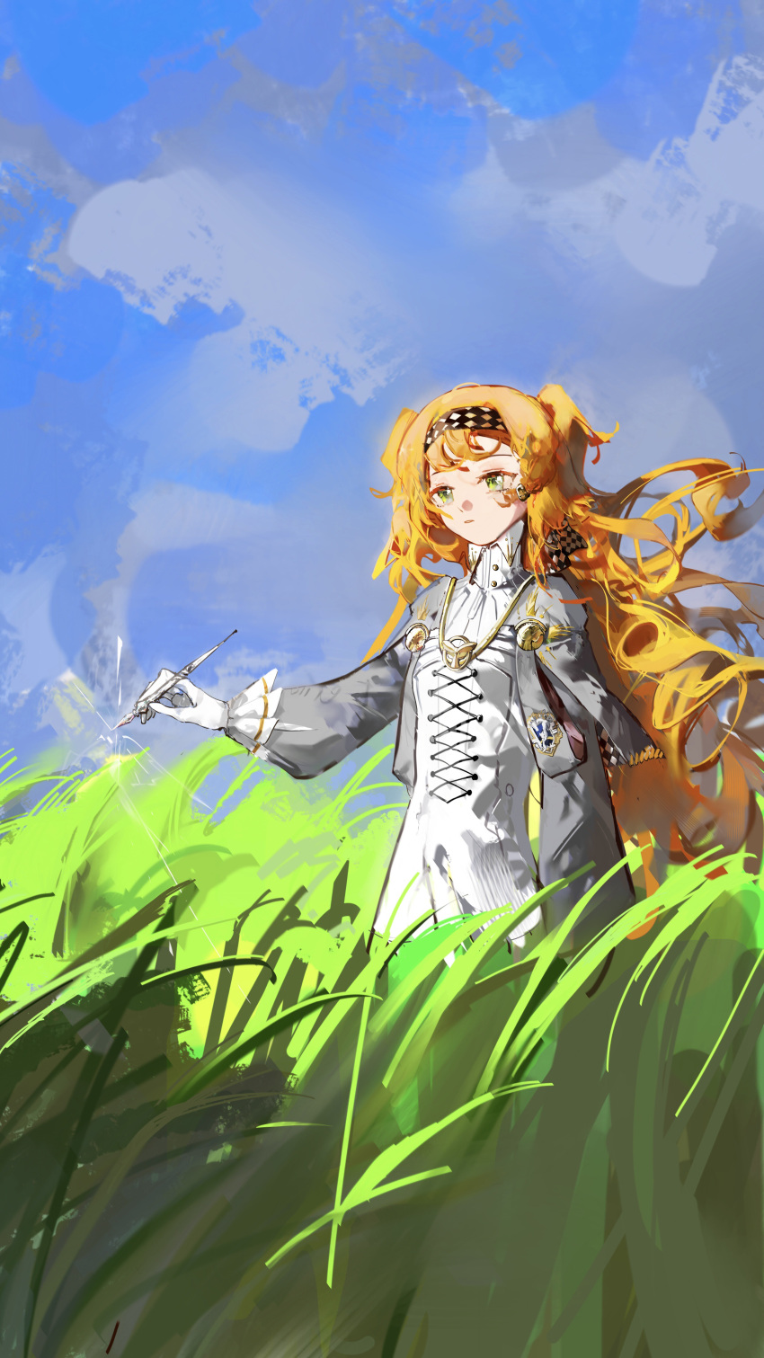 1girl absurdres ashufu blue_sky braid checkered_hairband chinese_commentary closed_mouth cloud commentary_request day dress floating_hair glass_pen gloves grass green_eyes grey_sleeves high_collar highres holding holding_wand long_hair long_sleeves orange_hair outdoors reverse:1999 side_braid sky solo sonetto_(reverse:1999) standing tall_grass two_side_up very_long_hair wand white_dress white_gloves