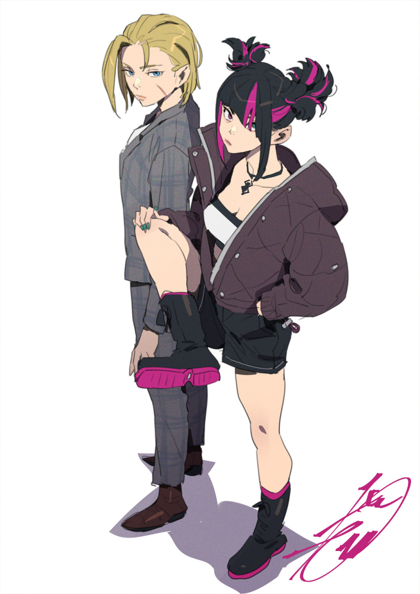 2girls asymmetrical_bangs asymmetrical_hair black_footwear black_hair black_shorts blonde_hair blunt_bangs boots breasts brown_coat brown_footwear cammy_white cleavage coat green_eyes green_nails grey_jacket grey_pants hair_over_one_eye han_juri highres jacket jewelry kobayashi_gen looking_at_viewer medium_hair multicolored_hair multiple_girls necklace pants parted_bangs pink_eyes pink_hair scar scar_on_face shadow shorts sidelocks strapless streaked_hair street_fighter tube_top twintails two-tone_hair white_background white_tube_top