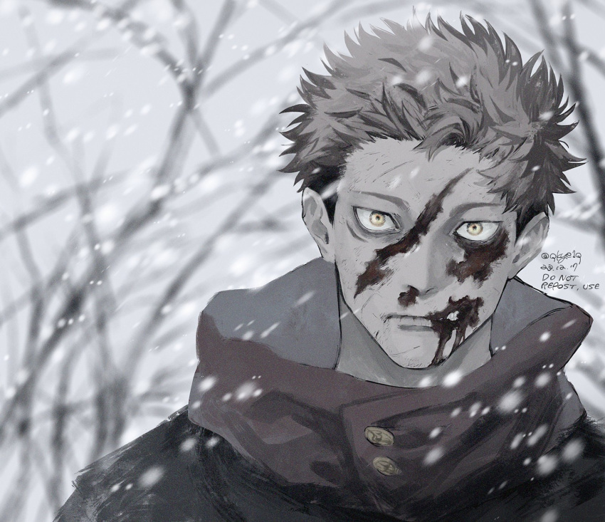 1boy bare_tree black_hair black_jacket blood blood_on_face brown_hair closed_mouth dated highres hood hood_down hoodie itadori_yuuji jacket jujutsu_kaisen looking_at_viewer male_focus outdoors qkye1q red_hoodie scar scar_on_face short_hair snowing solo teeth tree twitter_username upper_body yellow_eyes