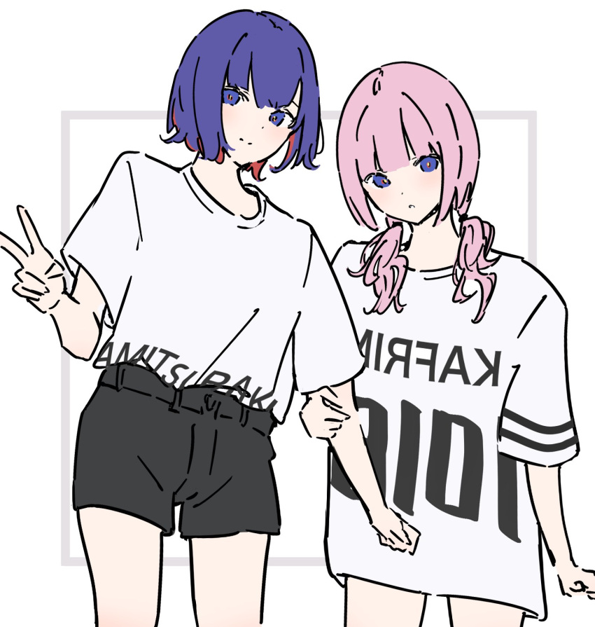 2girls atenaba black_shorts blue_eyes blue_hair closed_mouth commentary_request cowboy_shot hand_on_another's_arm highres kaf_(kamitsubaki_studio) kamitsubaki_studio long_hair long_shirt looking_at_viewer multicolored_hair multiple_girls parted_lips pink_hair rectangle red_hair red_pupils rim_(kamitsubaki_studio) shirt shirt_tucked_in short_sleeves shorts simple_background smile streaked_hair twintails very_long_hair white_background white_shirt yellow_pupils