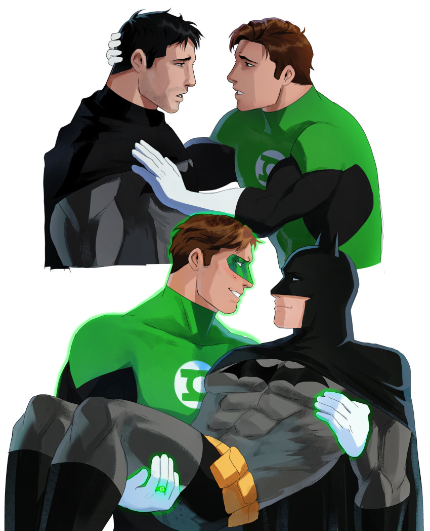 2boys absurdres bara batman_(series) black_bodysuit black_gloves black_hair blush bodysuit brown_hair carrying carrying_person couple dc_comics domino_mask facial_hair gloves green_bodysuit green_lantern green_lantern_(series) grey_bodysuit hal_jordan haljordanmylove highres jewelry large_pectorals looking_at_another male_focus mask multiple_boys muscular muscular_male open_mouth pectorals ring short_hair simple_background smile superhero two-tone_bodysuit white_background white_gloves yaoi