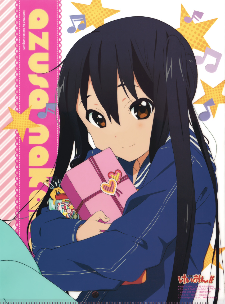 1girl absurdres animage black_hair blush candy copyright_name english_text food gift highres horiguchi_yukiko k-on! long_hair looking_at_viewer nakano_azusa official_art scan smile solo sportswear twintails very_long_hair