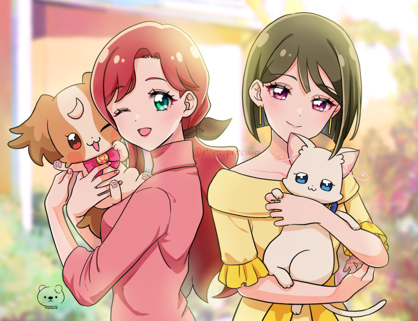 2girls :3 ;d animal black_bow blue_eyes bob_cut bow brown_hair cat closed_mouth collarbone dog dot_nose fingernails green_eyes hair_bow highres holding holding_animal holding_cat holding_dog inukai_komugi inukai_komugi_(dog) inukai_youko long_hair looking_at_viewer low_ponytail mature_female moro_precure multiple_girls nekoyashiki_sumire nekoyashiki_yuki nekoyashiki_yuki_(cat) one_eye_closed open_mouth papillon_(dog) pink_bow pink_eyes pink_nails pink_shirt precure red_hair shirt short_hair signature smile twitter_username white_cat wonderful_precure! yellow_shirt