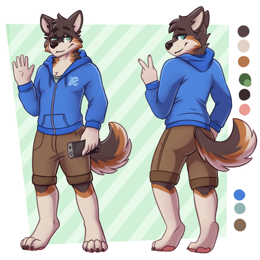 1:1 5_fingers anthro biped blue_clothing blue_hoodie blue_topwear bottomwear brown_bottomwear brown_clothing brown_shorts canid canine canis claws clothed clothing color_swatch domestic_dog eyewear fingers glasses hoodie male mammal model_sheet mytigertail paws shorts solo tail topwear