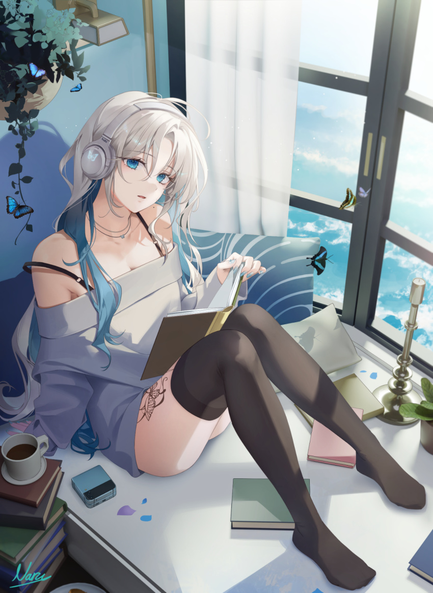 1girl arm_support black_thighhighs blue_eyes blue_hair book breasts bug butterfly cleavage colored_inner_hair cup english_commentary grey_hair headphones headset highres holding holding_book jewelry knees_together_feet_apart knees_up leg_tattoo legs light_particles long_hair looking_at_viewer multicolored_hair naru_0 necklace no_shoes open_book open_mouth original pile_of_books plant potted_plant sitting solo tattoo teacup thighhighs thighs white_hair window