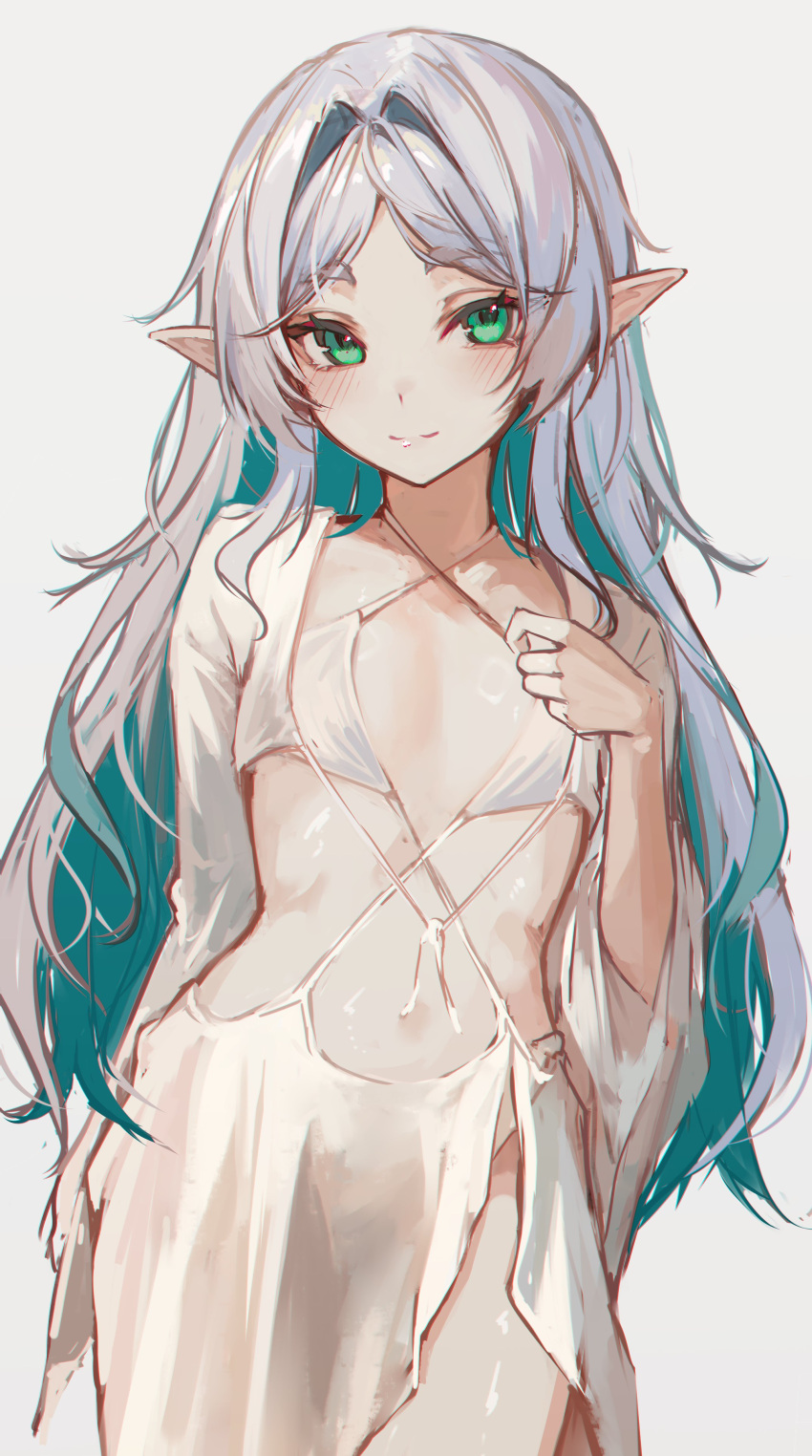 1girl absurdres closed_mouth colored_inner_hair cowboy_shot elf frieren green_eyes green_hair grey_hair hand_up highres long_hair looking_at_viewer multicolored_hair naokomama pointy_ears simple_background smile solo sousou_no_frieren white_background