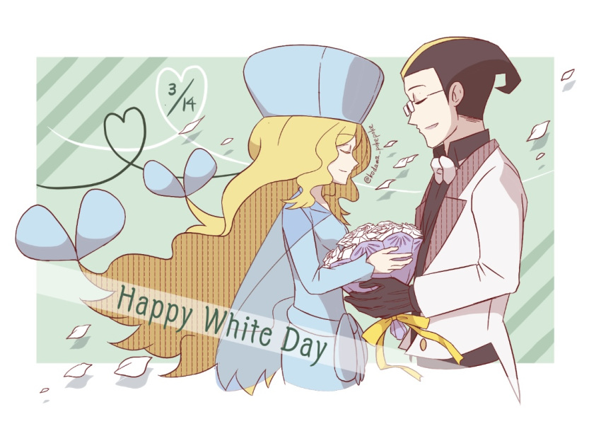 1boy 1girl alternate_color black_gloves black_hair blonde_hair blue_dress blue_headwear bouquet bow bowtie caitlin_(pokemon) closed_eyes cropped_torso darach_(pokemon) dress from_side glasses gloves heart heart_of_string holding holding_bouquet kodama_pokepoke long_hair multicolored_hair pokemon pokemon_masters_ex see-through_cape two-tone_hair very_long_hair white_day