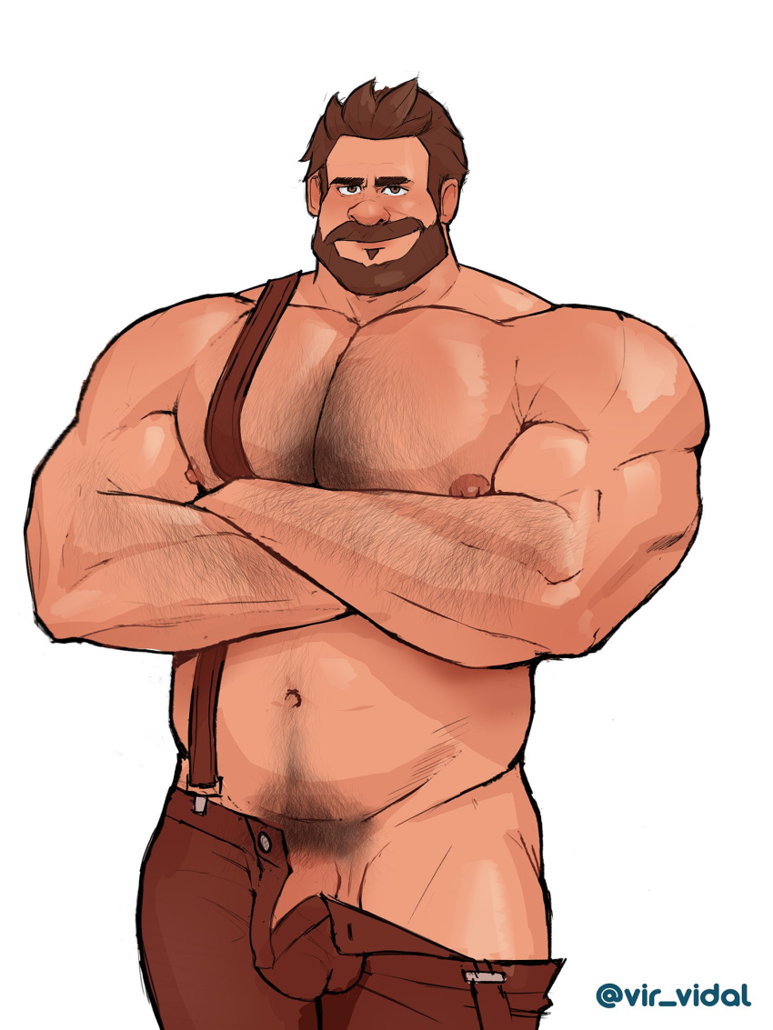 1boy alternate_body_hair alternate_facial_hair bara beard belly big_nose brown_overalls cowboy_shot crossed_legs facial_hair full_beard hairy highres huge_pectorals looking_at_viewer male_focus mature_male muscular muscular_male naked_overalls navel navel_hair nipples overalls penis penis_peek plump solo standing stomach strongman_waist thick_arm_hair thick_chest_hair thick_eyebrows thick_mustache thick_navel_hair thick_thighs thighs vir_vidal white_background wreck-it_ralph wreck-it_ralph_(character)