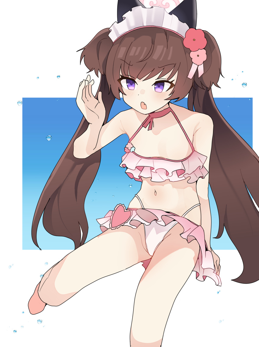 1girl absurdres bare_arms bare_legs bare_shoulders barefoot bikini blue_archive blush breasts brown_hair fang foot_out_of_frame foreshortening frilled_bikini frills groin halo headdress highres long_hair official_alternate_costume open_mouth pearlgang_e pink_bikini pink_halo purple_eyes shizuko_(blue_archive) shizuko_(swimsuit)_(blue_archive) skin_fang small_breasts solo swimsuit twintails