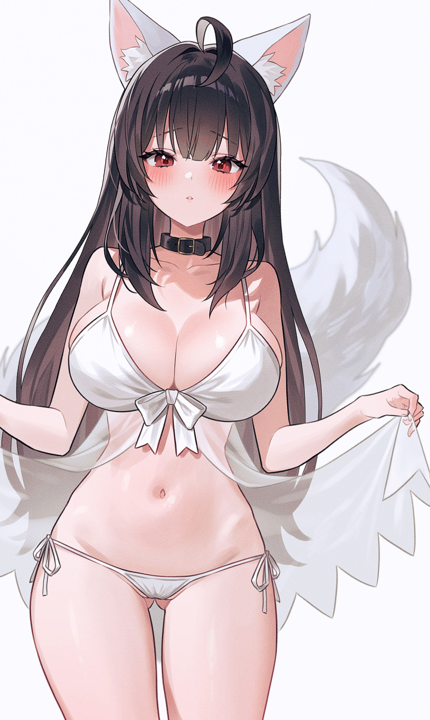 1girl ahoge animal_ears ass_visible_through_thighs bare_arms bare_shoulders bikini black_choker black_hair breasts choker cleavage commission cowboy_shot fox_ears fox_girl fox_tail front-tie_bikini_top front-tie_top fymrie highres large_breasts lifted_by_self navel original parted_lips red_eyes see-through side-tie_bikini_bottom simple_background skindentation solo spaghetti_strap standing stomach string_bikini swimsuit tail tail_raised thighs white_background white_bikini