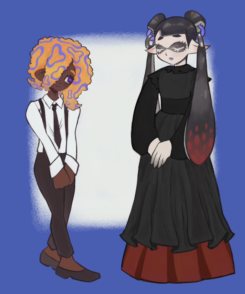 2girls black_dress black_footwear black_necktie black_pants collared_shirt dark-skinned_female dark_skin dress highres jessika_(splatoon) long_hair long_sleeves multicolored_hair multiple_girls necktie orange_hair pants plastifae pointy_ears purple_eyes shirt shirt_tucked_in smile splatoon_(series) splatoon_3 standing suspenders tao_blu_(splatoon) tentacle_hair twintails white_shirt