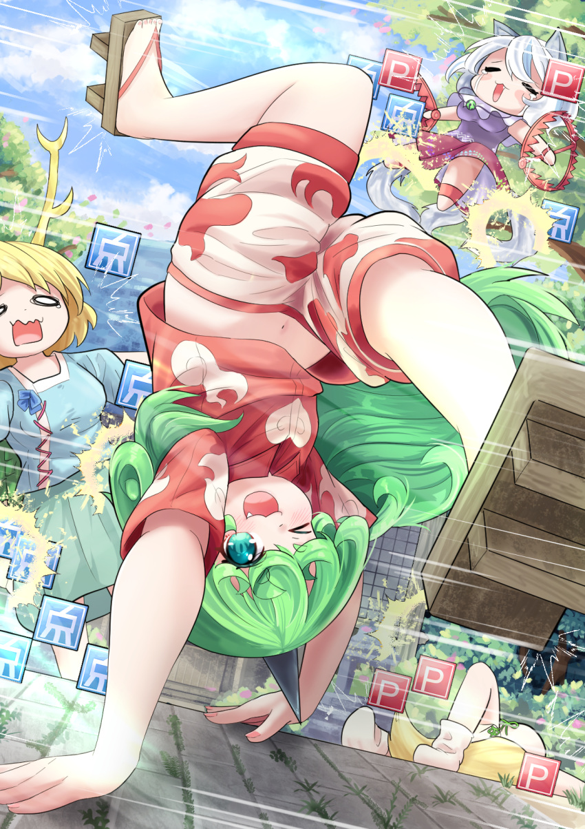 &gt;_o 4girls bear_trap blonde_hair blue_sky brown_footwear cloud commentary curly_hair dragon_horns english_commentary geta green_eyes green_hair handstand highres horns kicchou_yachie komano_aunn kudamaki_tsukasa long_hair mitsugashira_enoko multiple_girls one_eye_closed outdoors red_shirt rion_(user_ufvg8527) shirt shorts single_horn sky solo_focus touhou upside-down white_footwear white_shorts