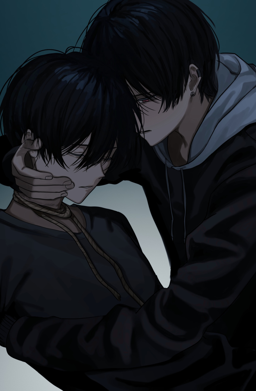 2boys absurdres akanei6no_sora black_hair black_hoodie black_shirt closed_eyes drawstring ear_piercing hair_between_eyes highres hood hood_down hoodie long_sleeves male_focus multiple_boys original parted_lips piercing red_eyes rope rope_around_neck shirt simple_background upper_body