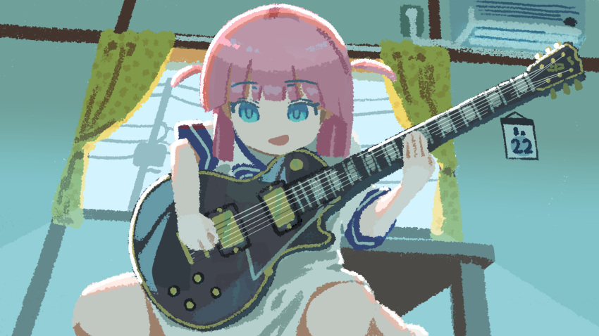 1girl air_conditioner arisaki_(cnxy7525) blue_eyes bocchi_the_rock! calendar_(object) child curtains dress gotoh_futari guitar highres holding holding_plectrum indoors instrument open_mouth pink_hair playing_guitar plectrum short_hair short_sleeves sitting smile solo table two_side_up wariza white_dress window