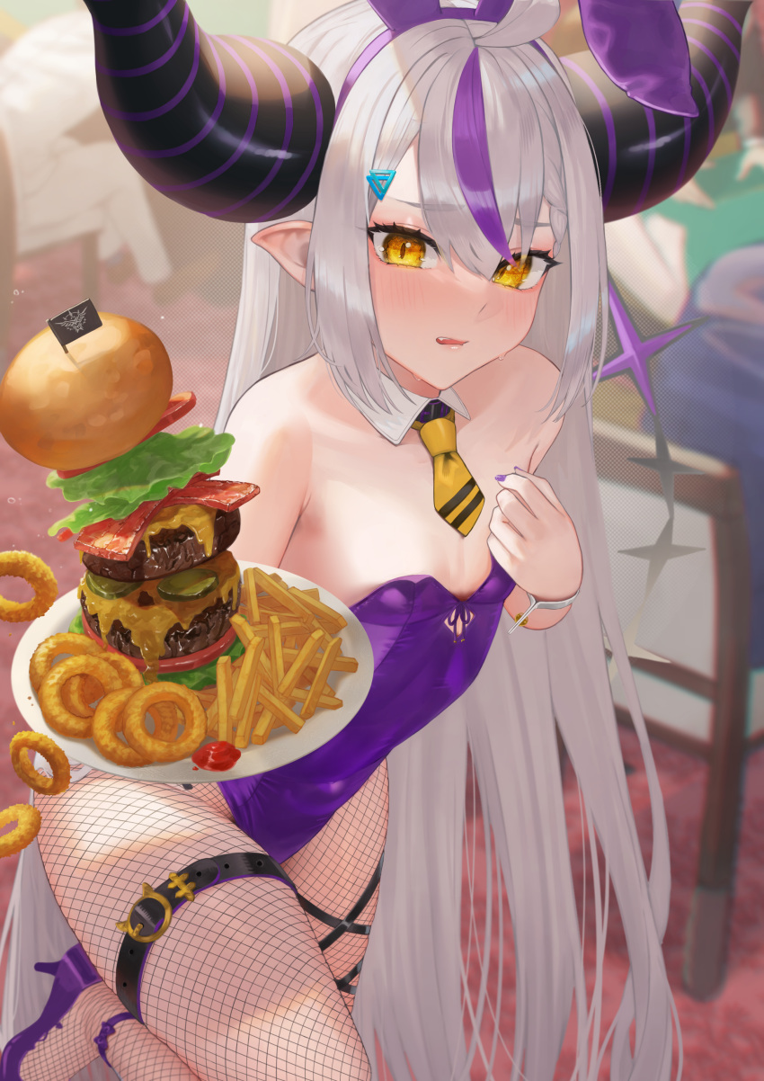1girl absurdres ahoge animal_ears bare_shoulders blush breasts burger demon_horns detached_collar fake_animal_ears fishnet_pantyhose fishnets food french_fries grey_hair hair_ornament hairclip high_heels highres hololive horns la+_darknesss long_hair looking_at_viewer multicolored_hair nail_polish necktie onion_rings pantyhose plate playboy_bunny pointy_ears purple_footwear purple_hair purple_nails rabbit_ears rushian short_necktie small_breasts solo streaked_hair tail thigh_strap too_much_burger two-tone_hair very_long_hair virtual_youtuber wrist_cuffs yellow_eyes