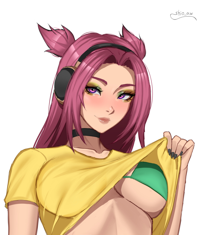 1girl absurdres alune_(league_of_legends) bikini black_choker black_nails breasts choker closed_mouth clothes_lift eyeshadow green_bikini headphones heartsteel_(league_of_legends) heartsteel_alune highres league_of_legends long_hair looking_at_viewer makeup multicolored_eyeshadow official_alternate_costume red_hair shio_aw shirt shirt_lift signature smile swimsuit