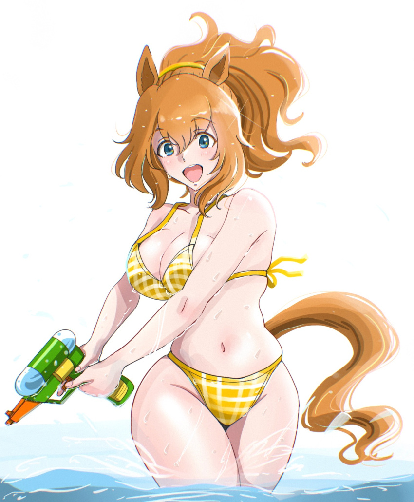 1girl animal_ears bare_shoulders bikini blue_eyes breasts brown_hair cleavage commentary_request cowboy_shot groin hair_between_eyes highres holding holding_water_gun horse_ears horse_girl horse_tail large_breasts medium_hair navel ocean open_mouth osage_gankyou plaid plaid_bikini ponytail simple_background smile solo stomach swimsuit taiki_shuttle_(umamusume) tail umamusume wading water water_gun white_background yellow_bikini