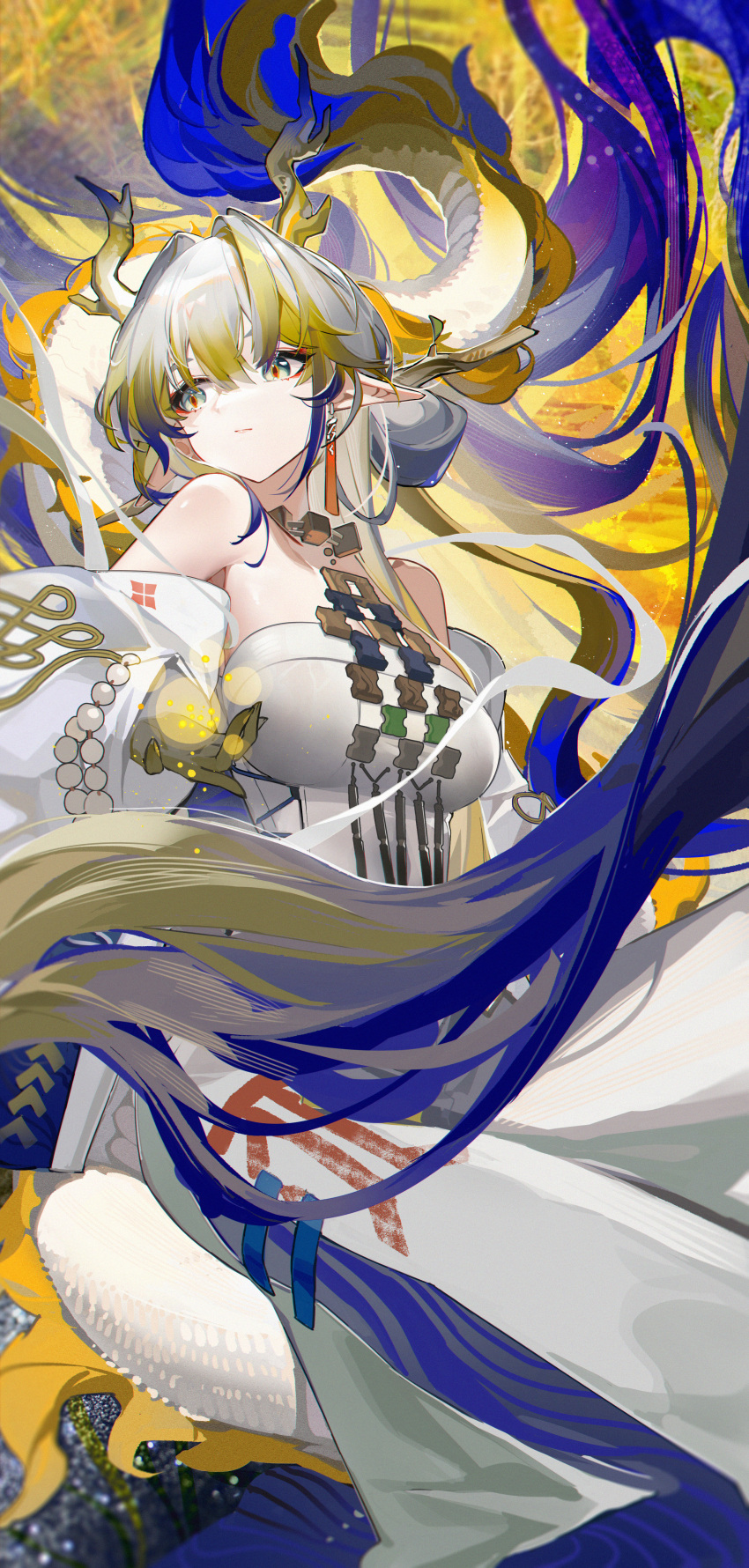 1girl absurdres arknights bare_shoulders blonde_hair blue_hair breasts choker commentary_request grey_hair hair_intakes highres horns jewelry large_breasts multicolored_hair necklace pants shu_(arknights) solo strapless streaked_hair tail tube_top white_pants yushe_quetzalli