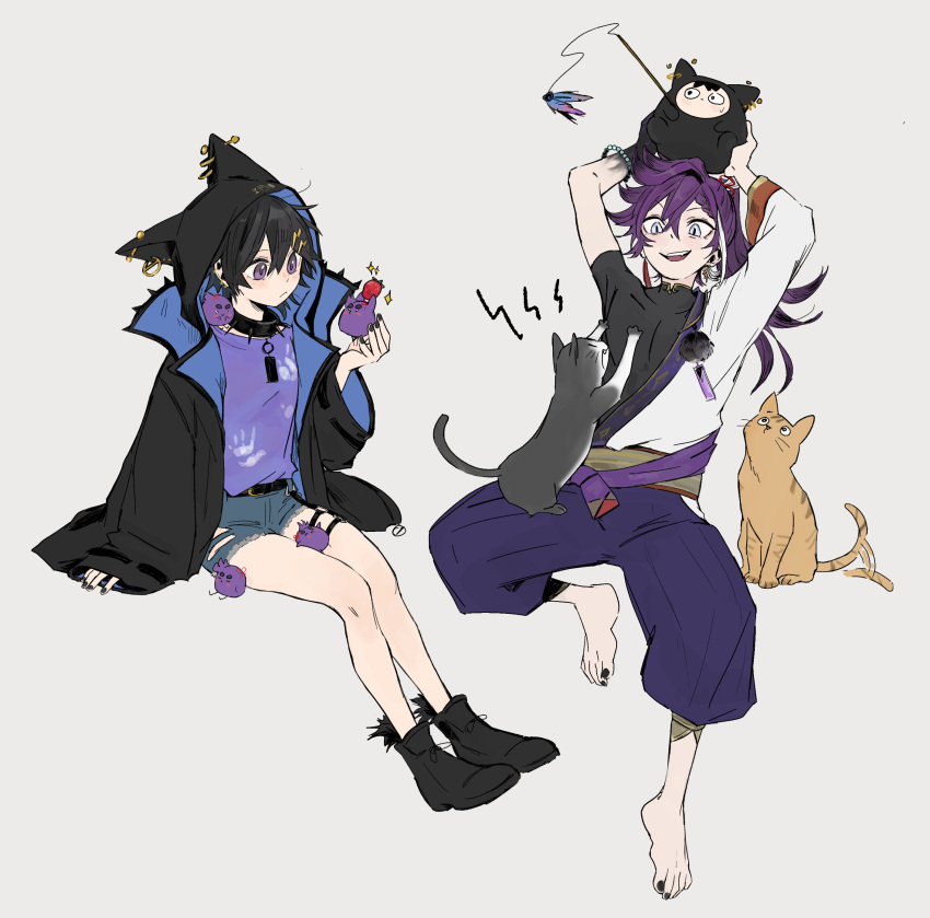 2boys absurdres animal_hood arms_up banzoin_hakka banzoin_hakka_(1st_costume) barefoot black_hair black_nails blue_eyes cat cat_hood cat_teaser collar creature denim denim_shorts full_body hair_between_eyes hair_ornament hakama hakama_pants hakkito_(banzoin_hakka) handprint high_ponytail highres holostars holostars_english hood invisible_chair jacket japanese_clothes kanade_izuru kanade_izuru_(1st_costume) lalalilonina lightning_bolt_hair_ornament lightning_bolt_symbol long_hair male_focus multiple_boys padded_jacket pants purple_eyes purple_hair short_hair shorts sitting smile spiked_collar spikes tail tail_wagging two-sided_fabric two-sided_jacket virtual_youtuber white_background