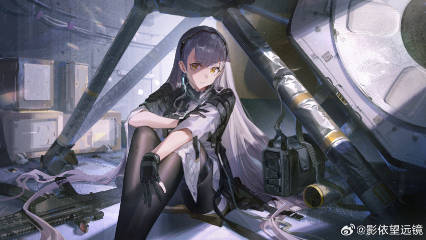 1girl absurdres ak-alfa ak-alfa_(girls'_frontline) black_bag black_gloves black_jacket black_pantyhose dress feet_out_of_frame girls'_frontline girls'_frontline_2:_exilium gloves grey_hair gun hand_on_own_arm highres indoors jacket knees_up long_hair looking_at_viewer on_ground pantyhose parted_lips rifle shade sitting solo sweat very_long_hair weapon white_dress yellow_eyes ying_yi