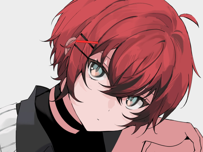 1boy ahoge bishounen black_hair choker english_commentary eyelashes gradient_hair green_eyes hair_between_eyes highres holostars holostars_english looking_up machina_x_flayon machina_x_flayon_(2nd_costume) male_focus multicolored_hair multiple_hairpins portrait red_hair short_hair slit_pupils solo somnimuu virtual_youtuber white_background