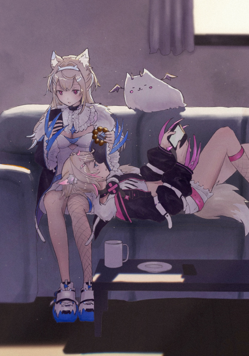 2girls animal_ear_fluff animal_ears belt black_collar blonde_hair blue_eyes blue_hair breasts cellphone collar colored_inner_animal_ears couch covered_navel crop_top cup curtains dog_ears dog_girl doughnut food food_on_face fur_trim fuwawa_abyssgard fuwawa_abyssgard_(1st_costume) fzvkrjisli18183 hair_ornament hairband hairclip headband headphones headphones_around_neck highres holding holding_phone hololive hololive_english large_breasts long_hair lying mococo_abyssgard mococo_abyssgard_(1st_costume) mug multicolored_hair multiple_girls on_back perroccino_(fuwamoco) phone pink_belt pink_eyes pink_hair pink_hairband pink_headband plate pon_de_ring shirt shorts siblings single_fishnet_legwear sisters smartphone streaked_hair table tail twins virtual_youtuber white_shirt window