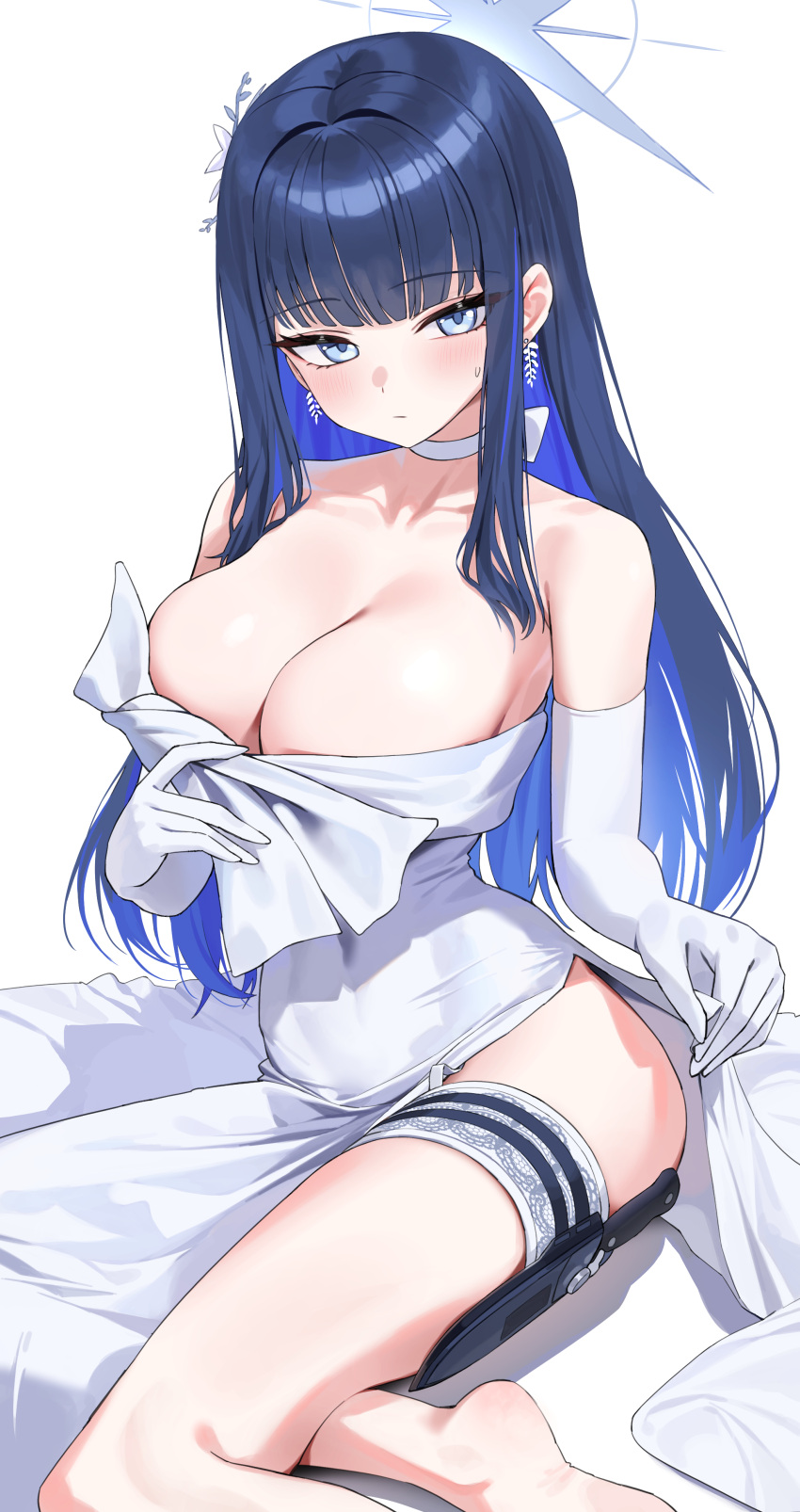 1girl absurdres ass barefoot black_hair blue_archive blue_eyes blue_hair blue_halo blush breasts choker cleavage closed_mouth colored_inner_hair dress earrings elbow_gloves gloves halo highres jewelry knife knife_sheath large_breasts long_hair looking_at_viewer multicolored_hair official_alternate_costume rivet_(vvrn2825) saori_(blue_archive) saori_(dress)_(blue_archive) sheath simple_background sitting solo strapless strapless_dress sweat white_background white_choker white_dress white_gloves yokozuwari