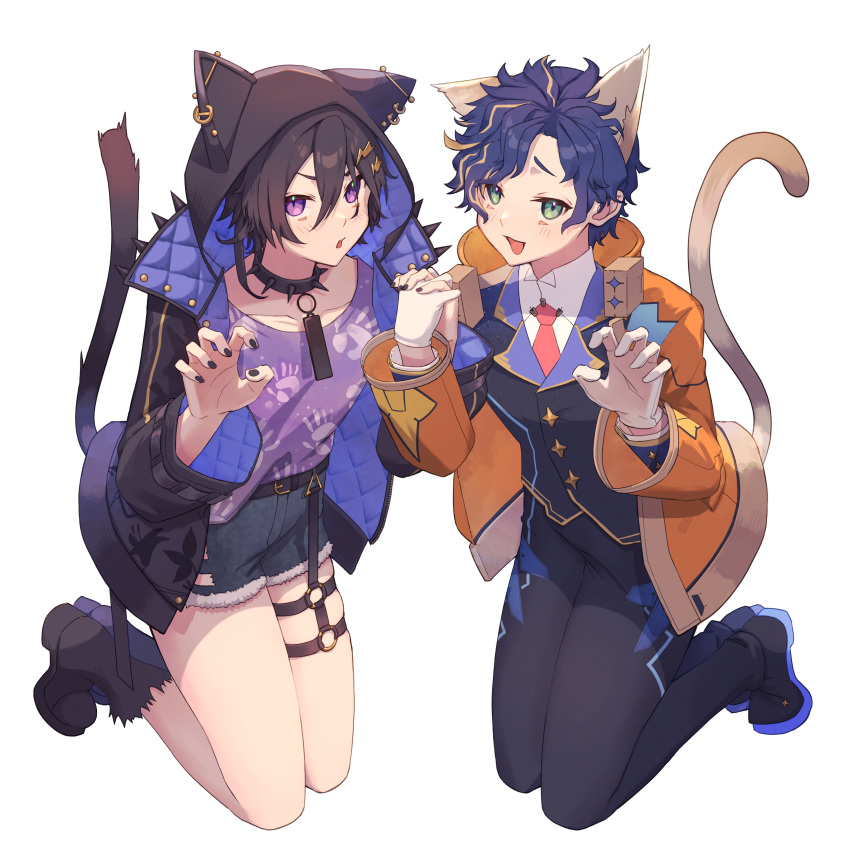 2boys absurdres animal_ears astel_leda black_hair black_nails blonde_hair blue_hair blush cat_boy cat_day cat_ears cat_tail claw_pose collar earrings full_body green_eyes highres holding_hands holostars hood hood_up jacket jewelry kanade_izuru kanade_izuru_(1st_costume) kneeling male_focus multicolored_hair multiple_boys necktie noookaaa open_clothes open_jacket open_mouth purple_eyes red_necktie short_hair shorts spiked_collar spikes tail thigh_strap virtual_youtuber white_background