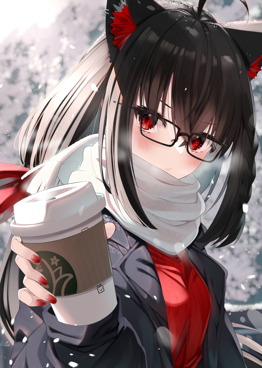 1girl absurdres ahoge animal_ear_fluff animal_ears black-framed_eyewear black_coat black_hair blush borumete braid breath closed_mouth coat coffee_cup commentary_request cup disposable_cup earrings fox_ears fox_girl glasses hair_between_eyes hair_ribbon highres holding holding_cup hololive jewelry kurokami_fubuki long_hair looking_at_viewer low_ponytail open_clothes open_coat outdoors rectangular_eyewear red_eyes red_nails red_ribbon red_sweater ribbed_sweater ribbon scarf side_braid sidelocks single_earring snowing solo steam sweater v-shaped_eyebrows virtual_youtuber white_scarf winter winter_clothes