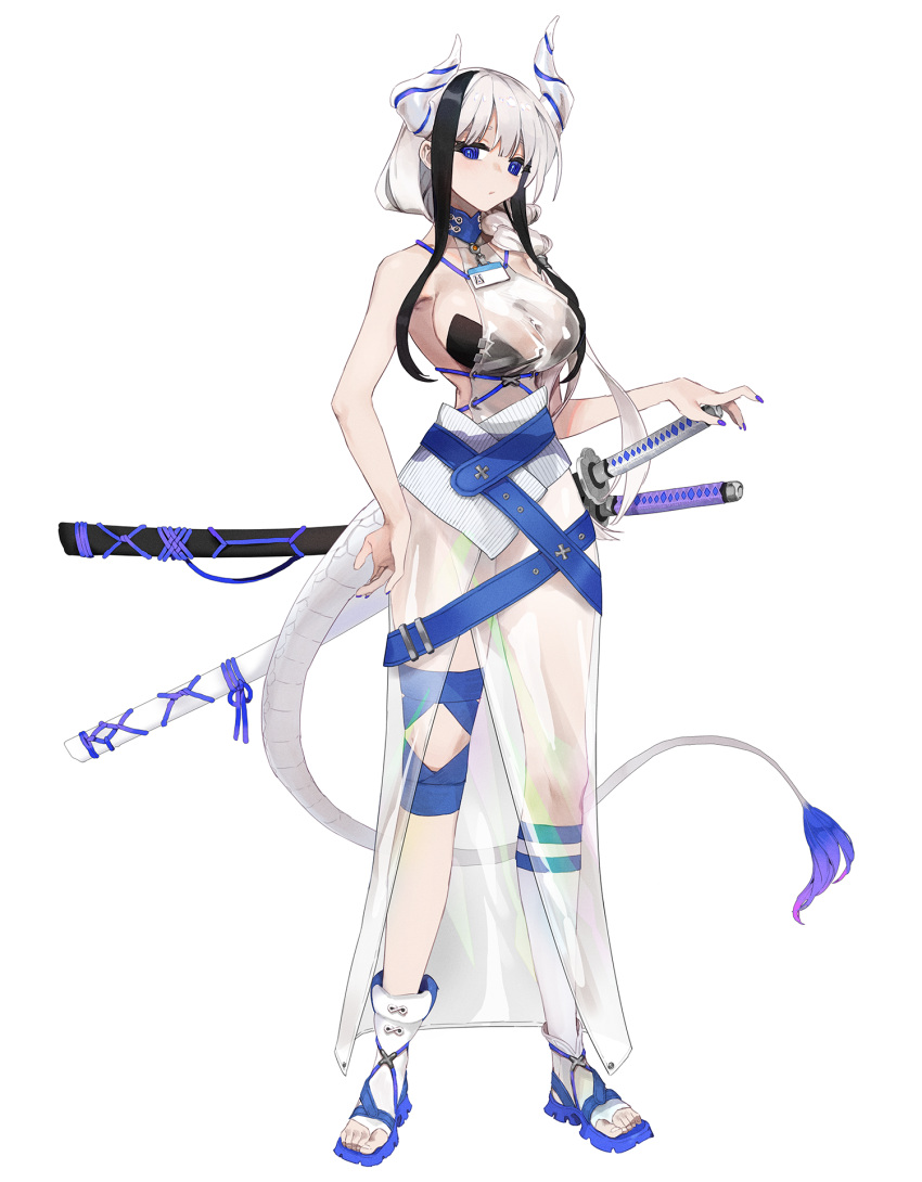 1girl ankle_boots bare_shoulders boots breasts closed_mouth fingernails full_body gg_dal hair_over_shoulder highres horns katana large_breasts looking_at_viewer multicolored_hair multiple_swords nail_polish original purple_nails scabbard see-through see-through_skirt sheath sheathed single_sock skirt socks solo standing sword tail toeless_footwear transparent_leotard two-tone_hair weapon white_hair white_socks