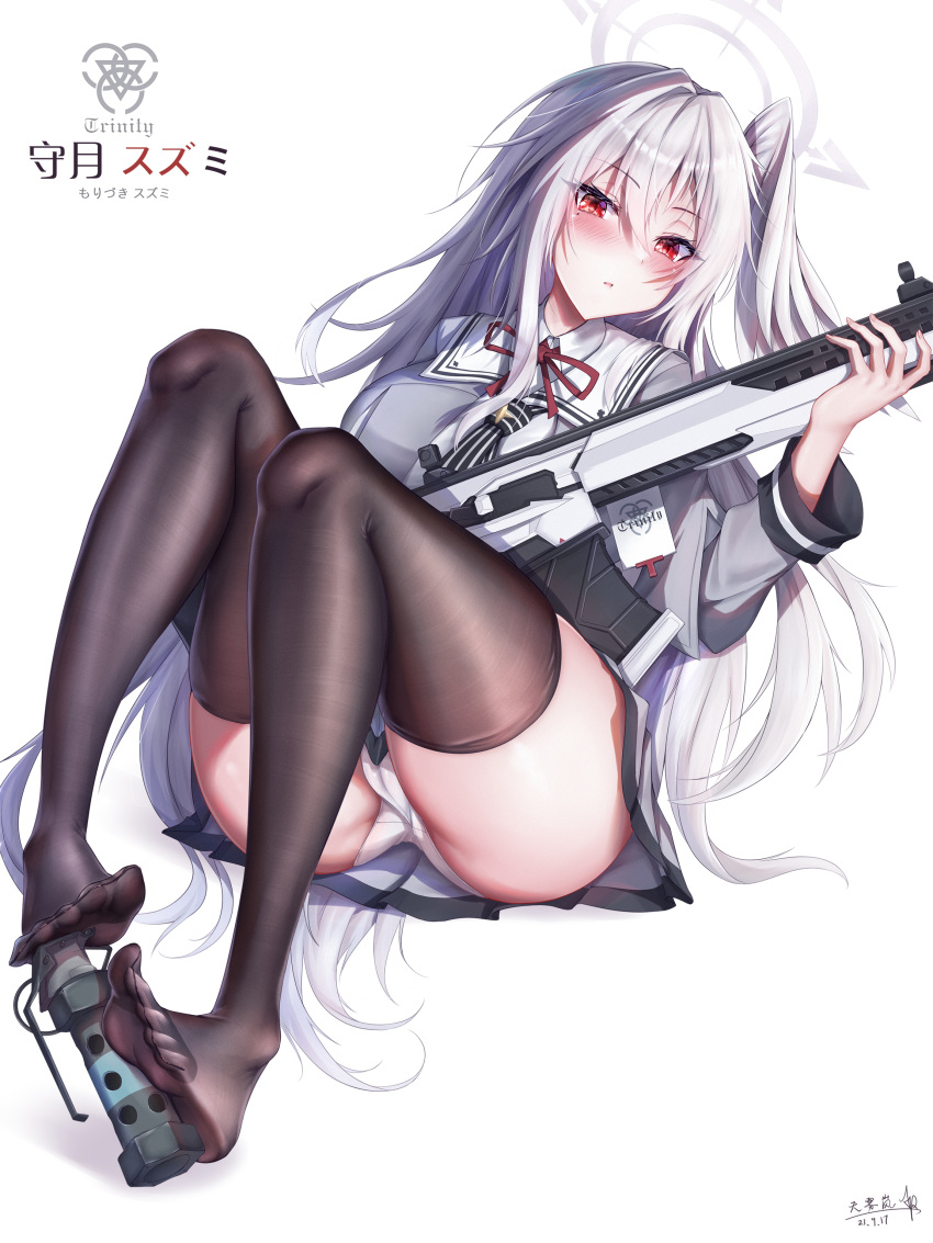 1girl absurdres aperture assault_rifle blue_archive blush bow bowtie breasts brown_thighhighs character_name flashbang full_body grey_hair grey_shirt grey_skirt gun halo head_wings highres holding holding_gun holding_weapon id_card long_hair long_sleeves looking_at_viewer no_shoes panties pantyshot red_bow red_bowtie red_eyes rifle school_uniform shirt sig_mcx sig_sauer signature single_head_wing skirt soles solo suzumi_(blue_archive) thighhighs toes underwear weapon white_background white_panties white_wings wings