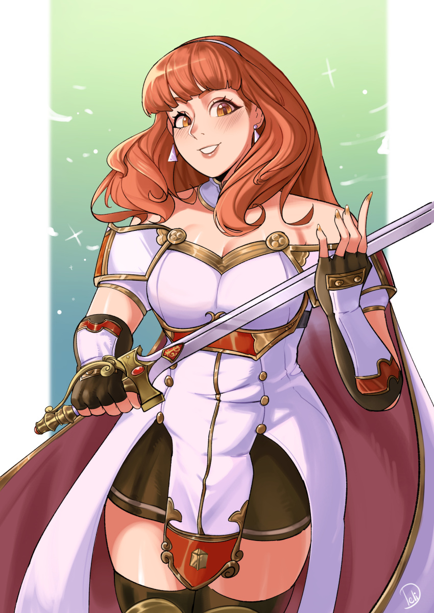 1girl absurdres bare_shoulders black_gloves breasts brown_eyes celica_(fire_emblem) cleavage commentary_request cowboy_shot deliciousbrain dress fingerless_gloves fire_emblem fire_emblem_echoes:_shadows_of_valentia gloves grin hairband highres holding holding_sword holding_weapon long_hair looking_at_viewer off-shoulder_dress off_shoulder red_hair short_sleeves smile solo standing sword thighs weapon white_dress white_hairband