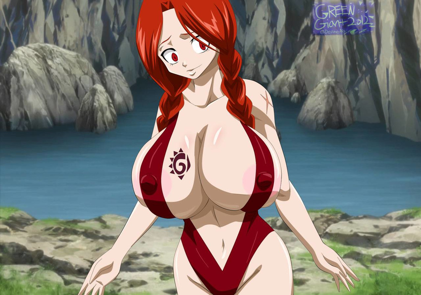 1girl areola areola_slip areolae bikini braid breasts cleavage erect_nipples fairy_tail flare_corona greengiant2012 huge_breasts long_hair navel red_eyes red_hair sling_bikini solo standing swimsuit