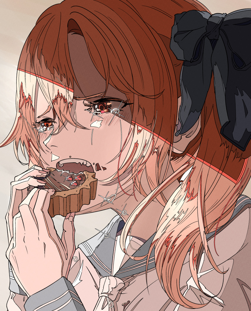 1girl absurdres aqua_sailor_collar blue_bow bow chocolate commentary_request crying eating food food_in_mouth food_on_face furrowed_brow grey_background hair_bow hands_up highres holding holding_food long_hair natsugu72 neckerchief open_mouth orange_eyes orange_hair original portrait sailor_collar school_uniform serafuku shade side_ponytail solo sparkle streaming_tears tears teeth valentine white_neckerchief